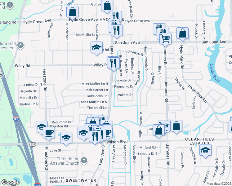 map of restaurants, bars, coffee shops, grocery stores, and more near 2310 Burpee Drive West in Jacksonville