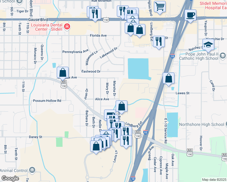 map of restaurants, bars, coffee shops, grocery stores, and more near 1736 Mary Drive in Slidell
