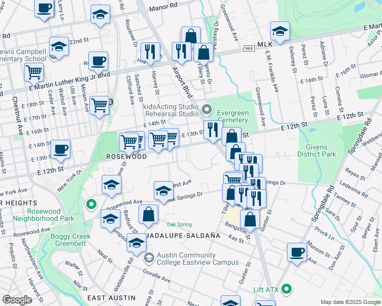 map of restaurants, bars, coffee shops, grocery stores, and more near 3021 East 12th Street in Austin
