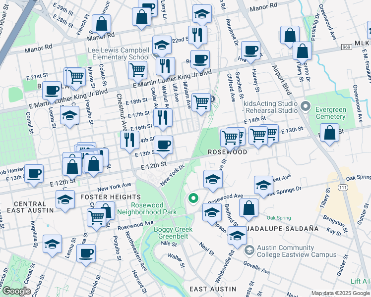 map of restaurants, bars, coffee shops, grocery stores, and more near 2709 East 13th Street in Austin