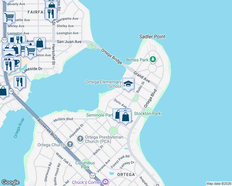map of restaurants, bars, coffee shops, grocery stores, and more near 2718 Harvard Avenue in Jacksonville