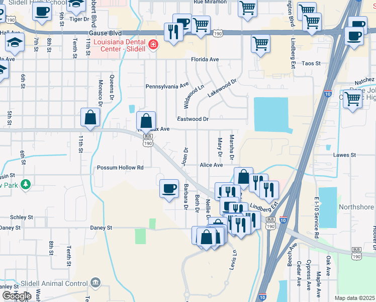 map of restaurants, bars, coffee shops, grocery stores, and more near 1742 Joan Drive in Slidell