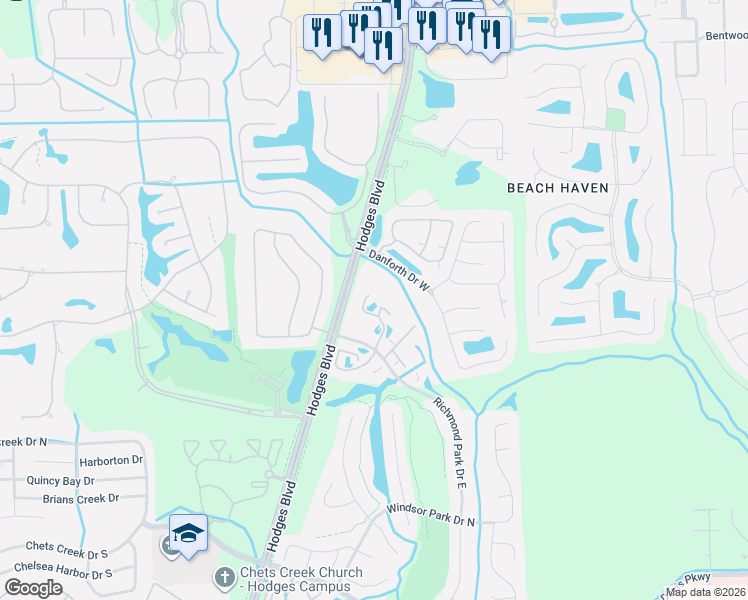 map of restaurants, bars, coffee shops, grocery stores, and more near 13700 Richmond Park Drive North in Jacksonville