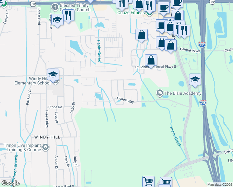 map of restaurants, bars, coffee shops, grocery stores, and more near 3839 Union Pacific Drive West in Jacksonville