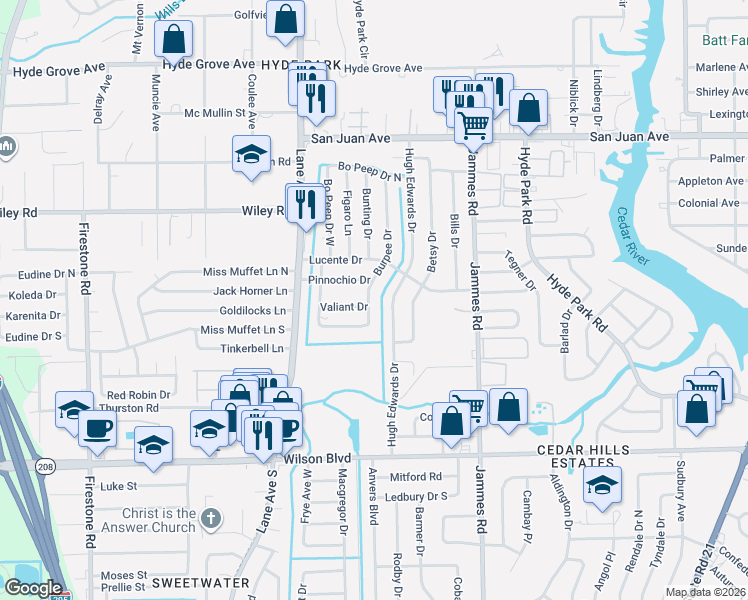 map of restaurants, bars, coffee shops, grocery stores, and more near 2316 Hugh Edwards Drive in Jacksonville