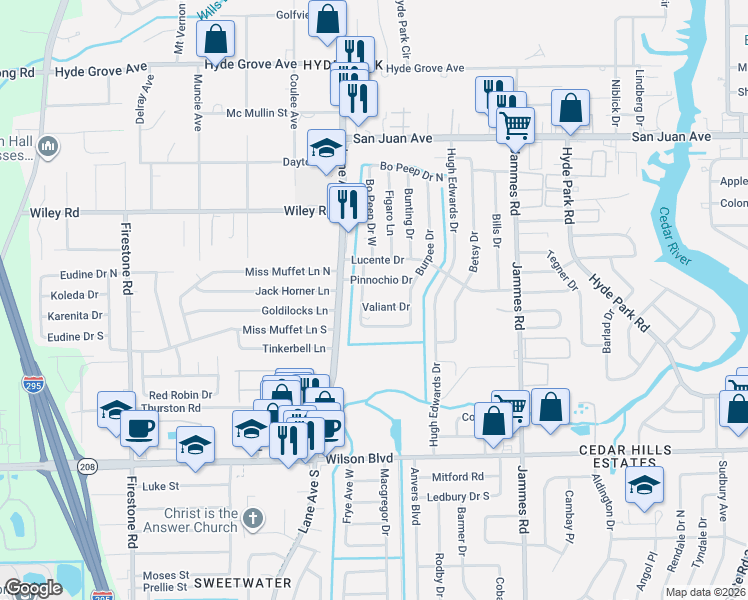 map of restaurants, bars, coffee shops, grocery stores, and more near 2310 Burpee Drive West in Jacksonville