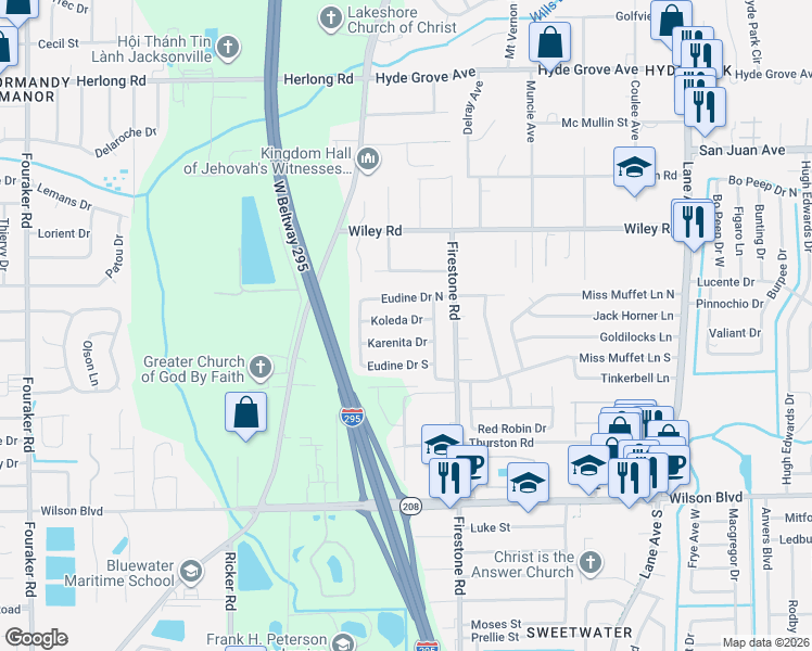 map of restaurants, bars, coffee shops, grocery stores, and more near 7188 Koleda Drive in Jacksonville