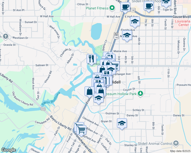 map of restaurants, bars, coffee shops, grocery stores, and more near 2046 Front Street in Slidell