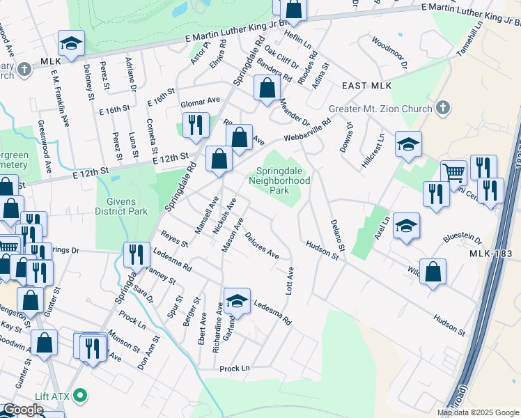 map of restaurants, bars, coffee shops, grocery stores, and more near 5100 Lott Avenue in Austin