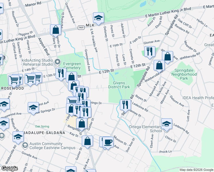 map of restaurants, bars, coffee shops, grocery stores, and more near 3616 Pennsylvania Avenue in Austin