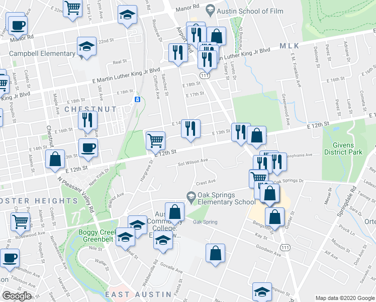 map of restaurants, bars, coffee shops, grocery stores, and more near 2927 East 12th Street in Austin