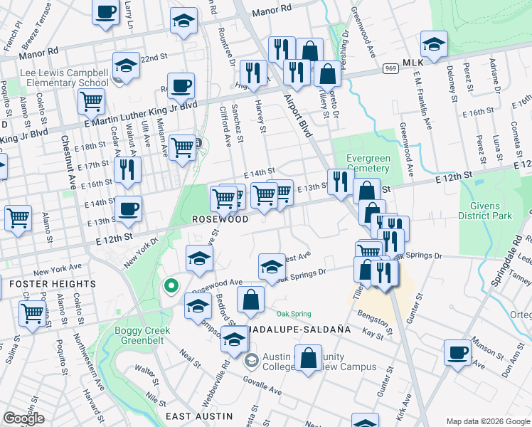 map of restaurants, bars, coffee shops, grocery stores, and more near 2927 East 12th Street in Austin