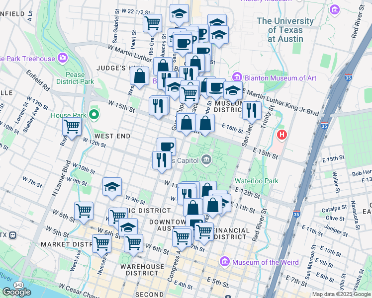 map of restaurants, bars, coffee shops, grocery stores, and more near in Austin