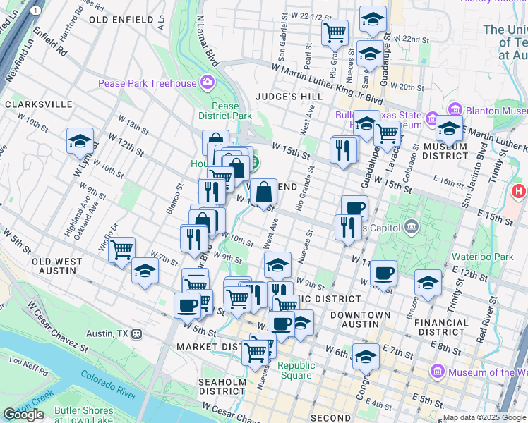 map of restaurants, bars, coffee shops, grocery stores, and more near 807 West 12th Street in Austin