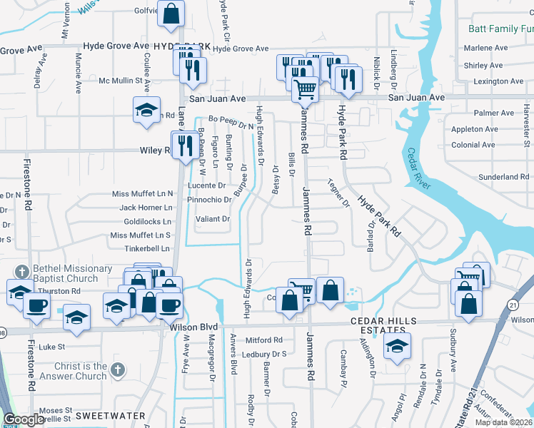 map of restaurants, bars, coffee shops, grocery stores, and more near 2313 Betsy Drive in Jacksonville