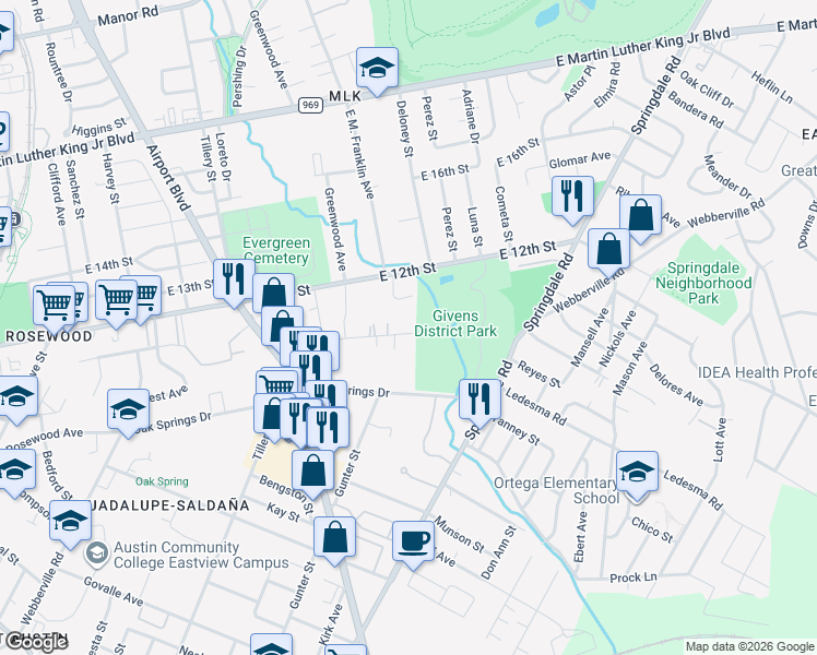 map of restaurants, bars, coffee shops, grocery stores, and more near 3616 Pennsylvania Avenue in Austin