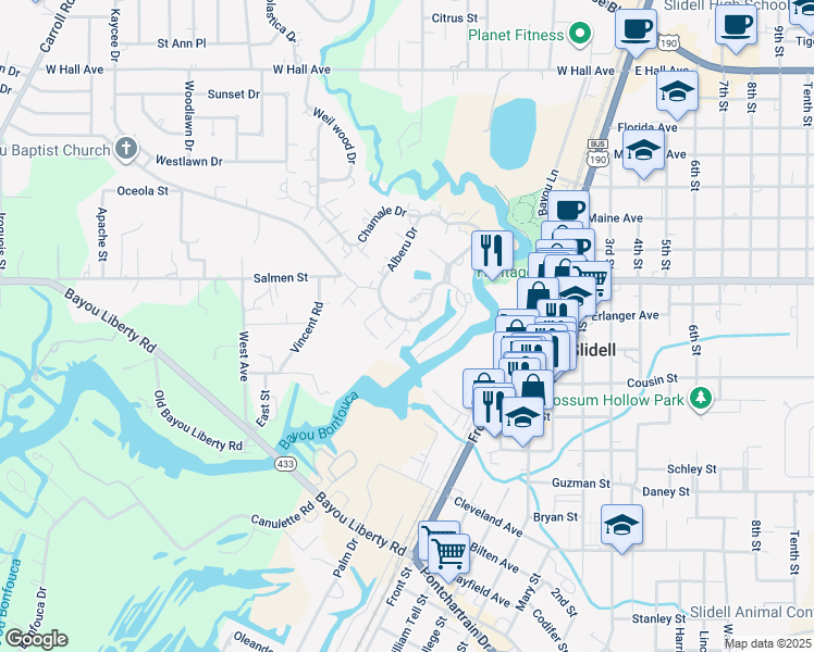 map of restaurants, bars, coffee shops, grocery stores, and more near 87 Marina Drive in Slidell