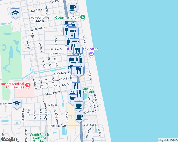 map of restaurants, bars, coffee shops, grocery stores, and more near 1312 Ocean Front South in Jacksonville Beach