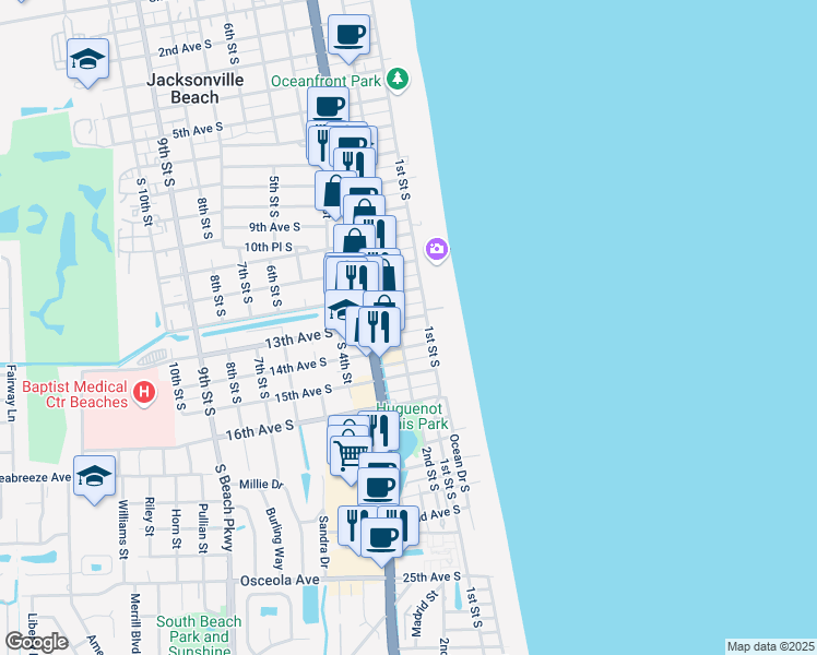 map of restaurants, bars, coffee shops, grocery stores, and more near 132 13th Avenue South in Jacksonville Beach