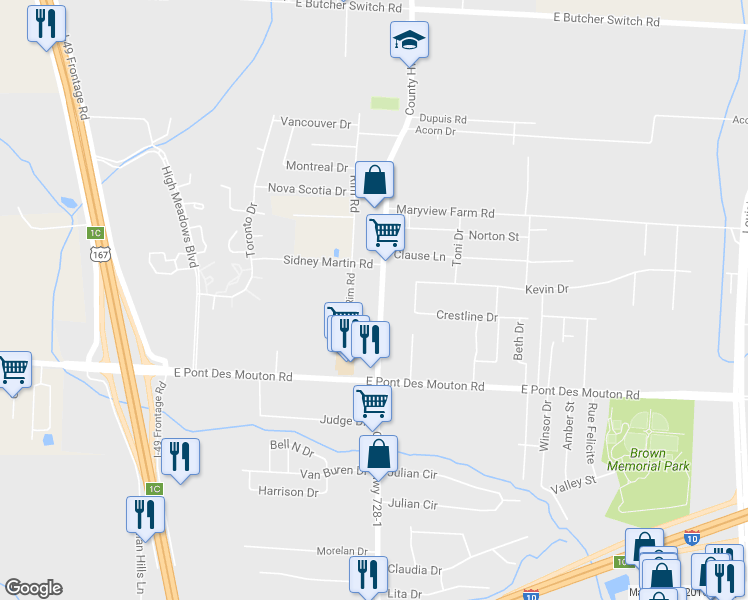 map of restaurants, bars, coffee shops, grocery stores, and more near 3813 Moss Street in Lafayette