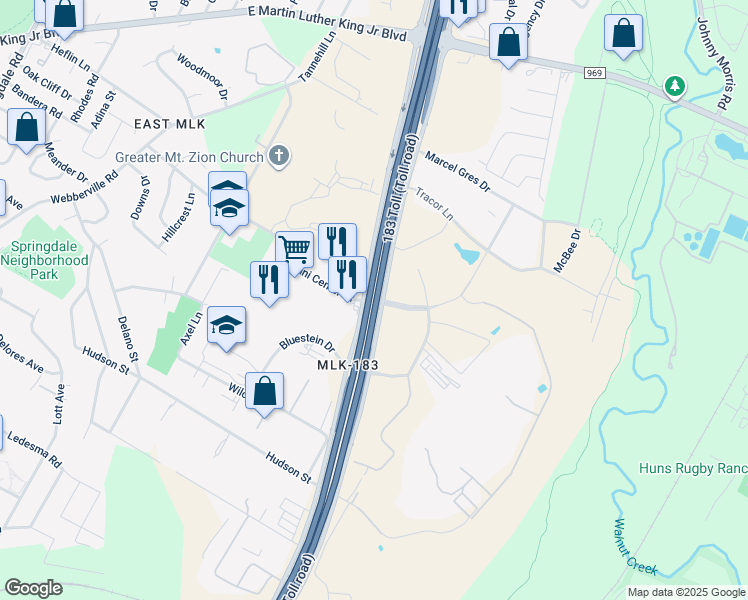 map of restaurants, bars, coffee shops, grocery stores, and more near 6105 Techni Center Drive in Austin