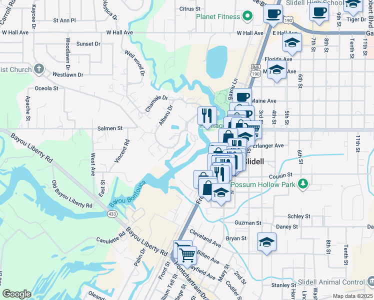 map of restaurants, bars, coffee shops, grocery stores, and more near 27 Chamale Cove East in Slidell