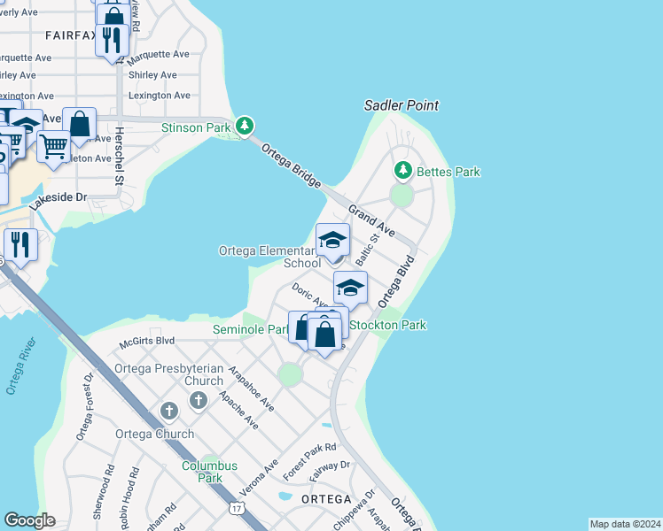 map of restaurants, bars, coffee shops, grocery stores, and more near 4010 Baltic Street in Jacksonville