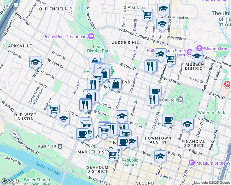 map of restaurants, bars, coffee shops, grocery stores, and more near 807 West 12th Street in Austin