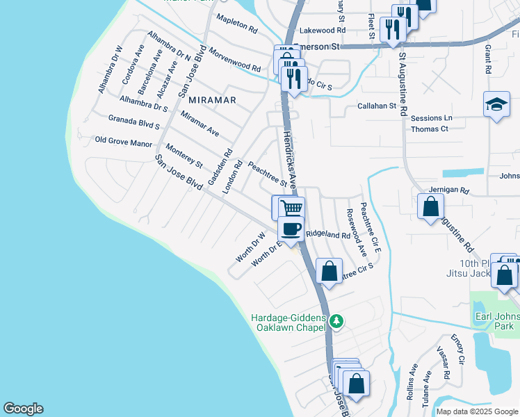 map of restaurants, bars, coffee shops, grocery stores, and more near 1460 Birmingham Road in Jacksonville