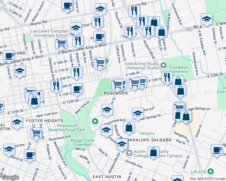 map of restaurants, bars, coffee shops, grocery stores, and more near 1207 Alexander Avenue in Austin