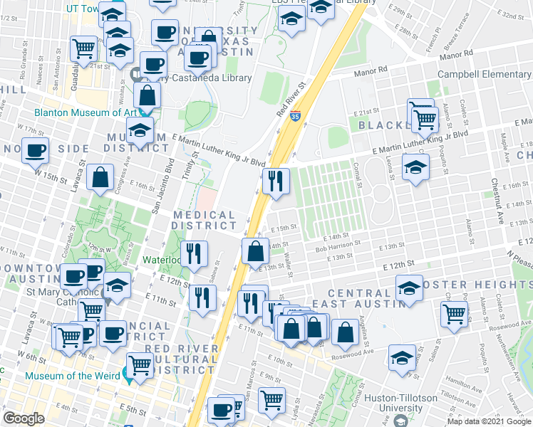 map of restaurants, bars, coffee shops, grocery stores, and more near Interstate 35 Frontage Rd & E 16th St in Austin