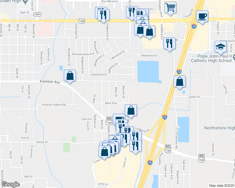 map of restaurants, bars, coffee shops, grocery stores, and more near 1736 Mary Drive in Slidell