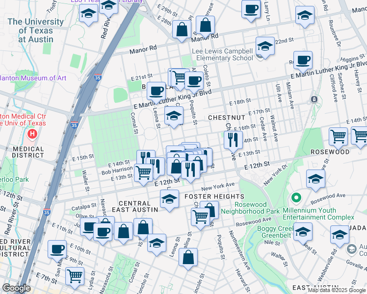 map of restaurants, bars, coffee shops, grocery stores, and more near 1808 Chicon Street in Austin
