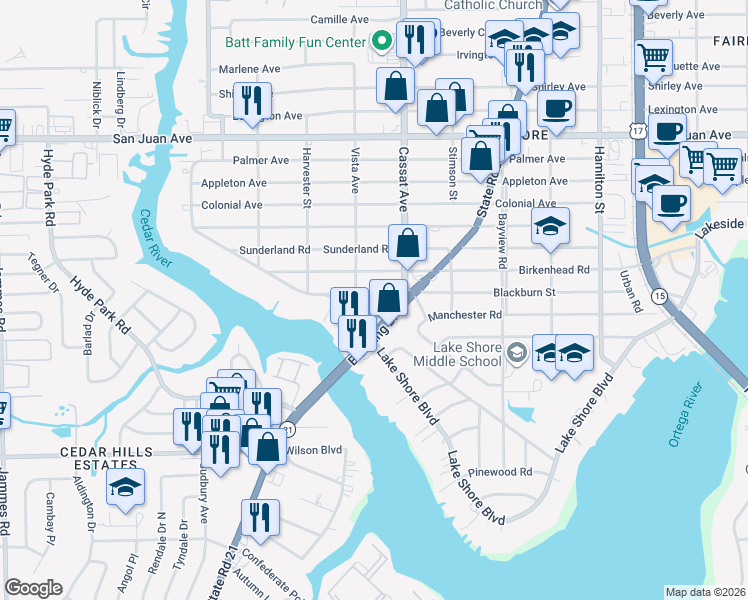 map of restaurants, bars, coffee shops, grocery stores, and more near 5052 Blackburn Street in Jacksonville