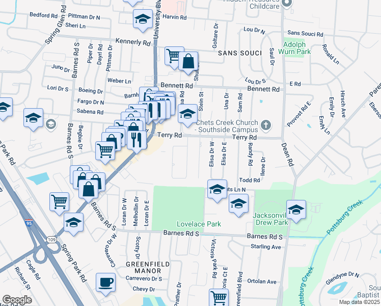 map of restaurants, bars, coffee shops, grocery stores, and more near 2721 Sack Drive West in Jacksonville