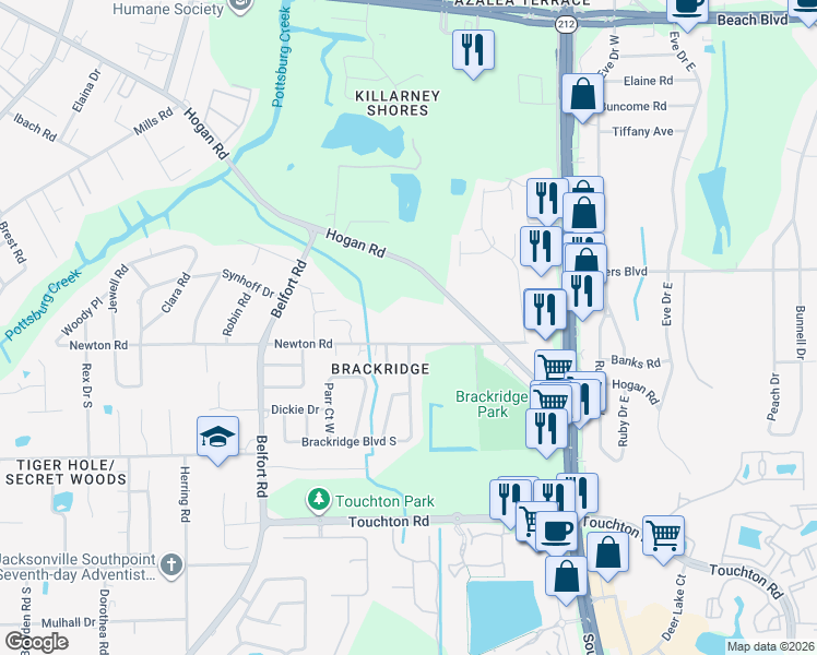 map of restaurants, bars, coffee shops, grocery stores, and more near 8479 Newton Road in Jacksonville