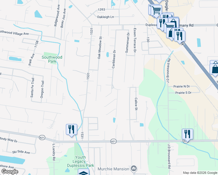 map of restaurants, bars, coffee shops, grocery stores, and more near 38080 Patti Street in Prairieville
