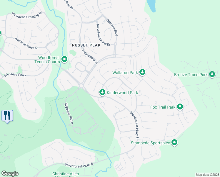 map of restaurants, bars, coffee shops, grocery stores, and more near 114 Kaden Creek Court in Montgomery