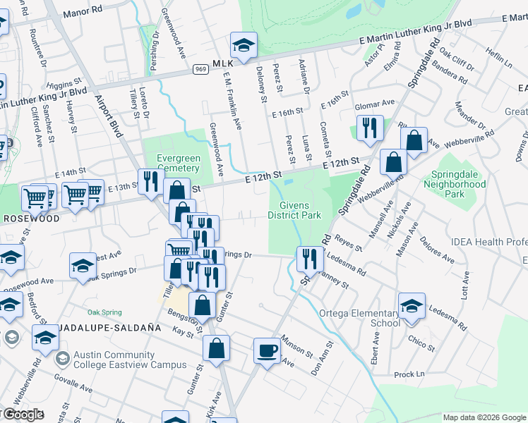 map of restaurants, bars, coffee shops, grocery stores, and more near 3616 Pennsylvania Avenue in Austin