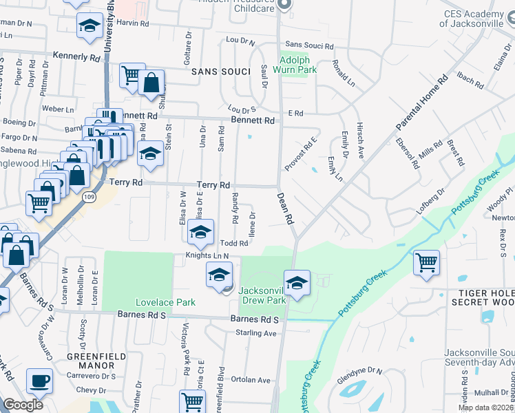 map of restaurants, bars, coffee shops, grocery stores, and more near 6516 Ned Drive in Jacksonville