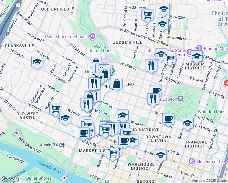 map of restaurants, bars, coffee shops, grocery stores, and more near 807 West 12th Street in Austin