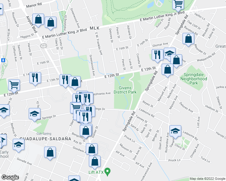 map of restaurants, bars, coffee shops, grocery stores, and more near 3616 Pennsylvania Avenue in Austin