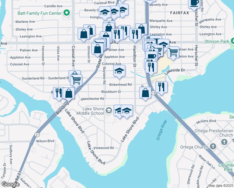 map of restaurants, bars, coffee shops, grocery stores, and more near 4608 Blackburn Street in Jacksonville