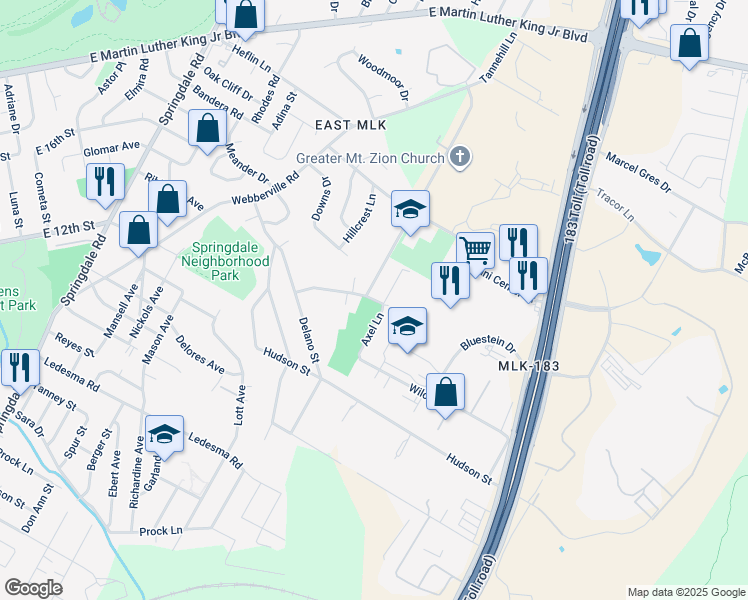 map of restaurants, bars, coffee shops, grocery stores, and more near 5712 Jackie Robinson Street in Austin