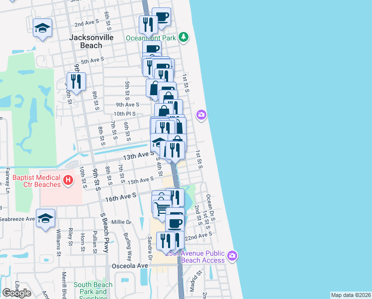map of restaurants, bars, coffee shops, grocery stores, and more near 1315 3rd Street South in Jacksonville Beach