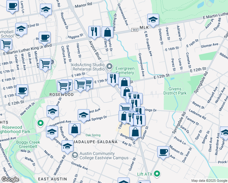 map of restaurants, bars, coffee shops, grocery stores, and more near 3131 East 12th Street in Austin