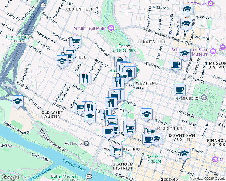map of restaurants, bars, coffee shops, grocery stores, and more near 1012 Baylor Street in Austin