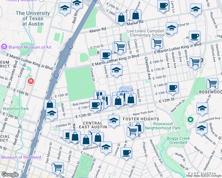 map of restaurants, bars, coffee shops, grocery stores, and more near 1407 Leona Street in Austin
