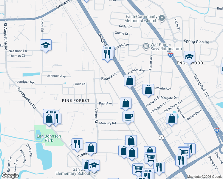 map of restaurants, bars, coffee shops, grocery stores, and more near 2817 Larsen Road in Jacksonville