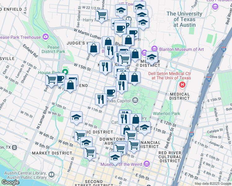 map of restaurants, bars, coffee shops, grocery stores, and more near 304 West 13th Street in Austin